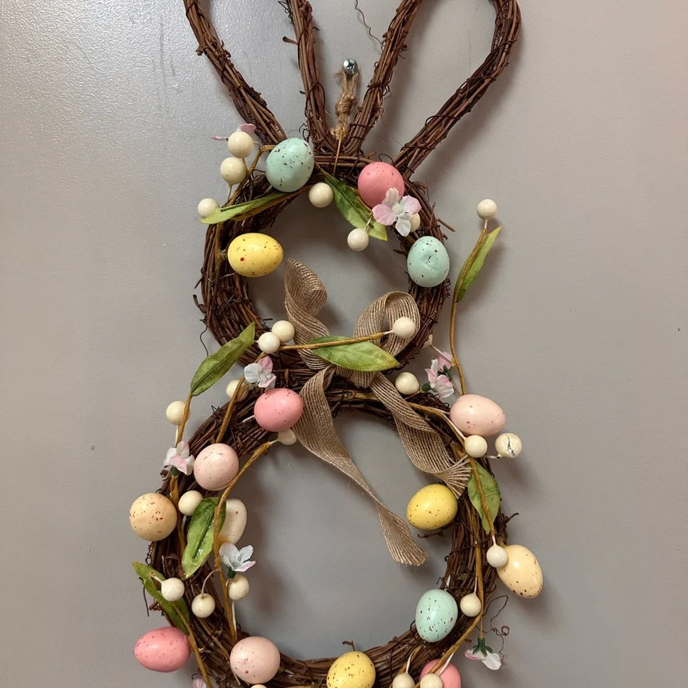Easter Bunny Grapevine Wreath with Pastel Eggs